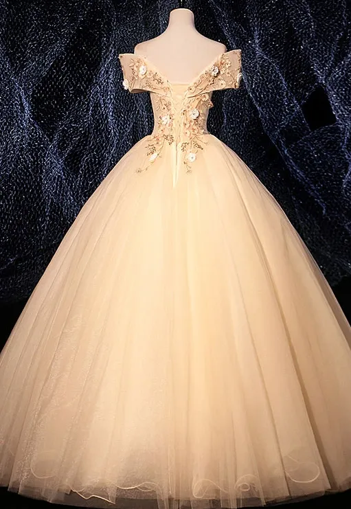 CHAMPAGNE V NECK TULLE LACE LONG PROM DRESS CHAMPAGNE EVENING DRES M5644