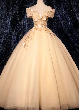 CHAMPAGNE V NECK TULLE LACE LONG PROM DRESS CHAMPAGNE EVENING DRES M5644