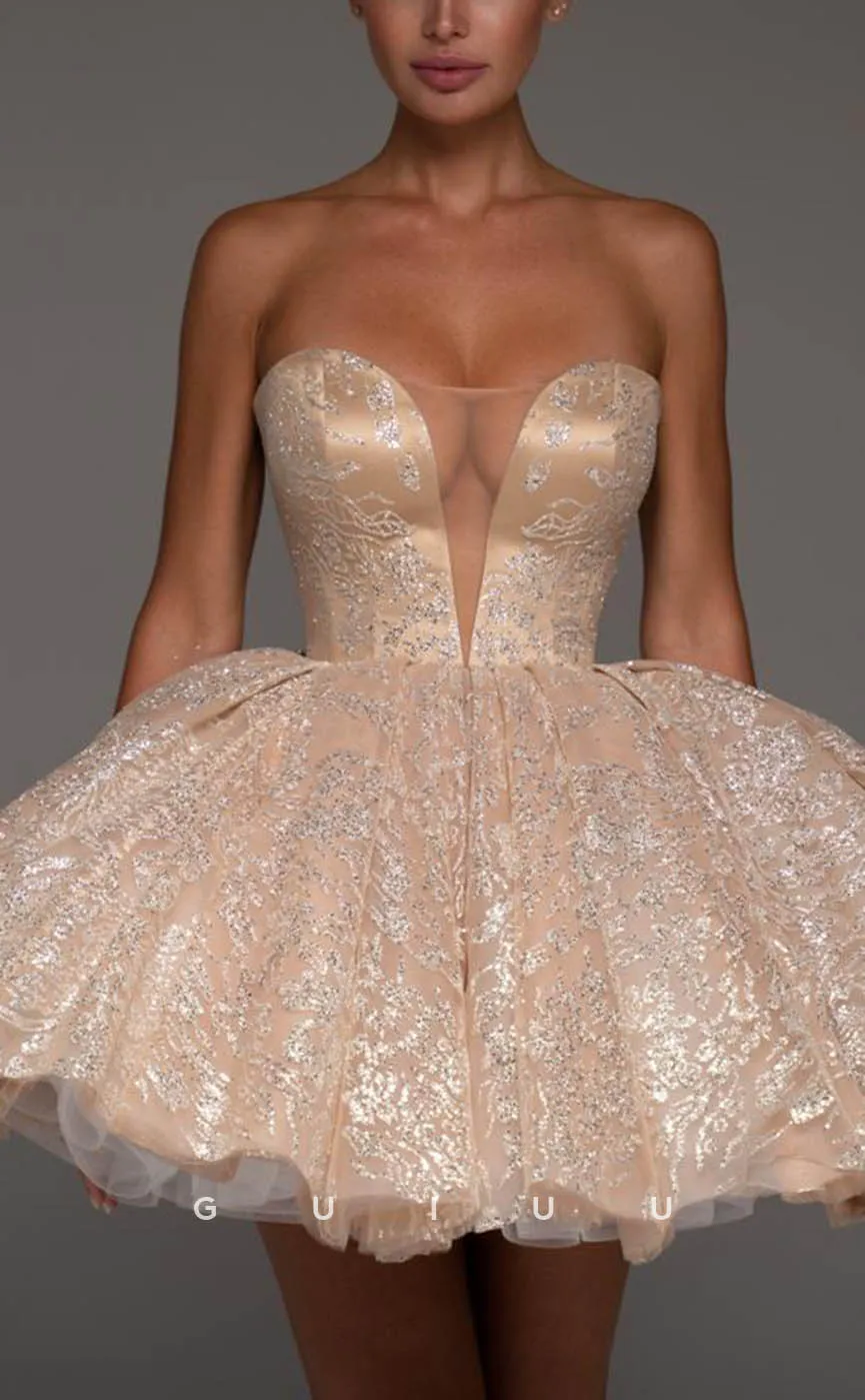 GH618 - Elegant & Luxurious Sequins Deep V-Neck Detachable Puff Sleeves Homecoming Dress