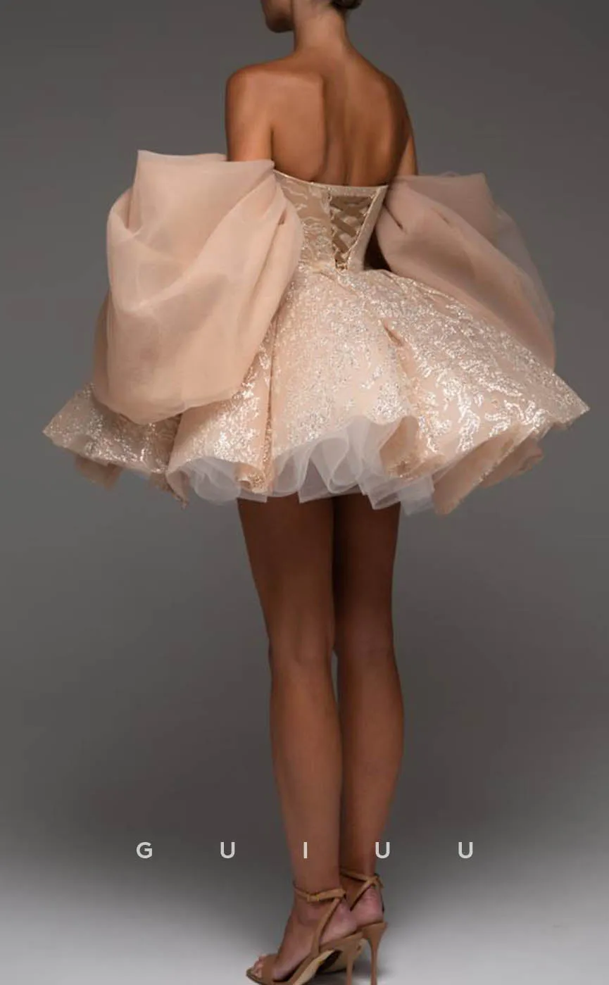 GH618 - Elegant & Luxurious Sequins Deep V-Neck Detachable Puff Sleeves Homecoming Dress