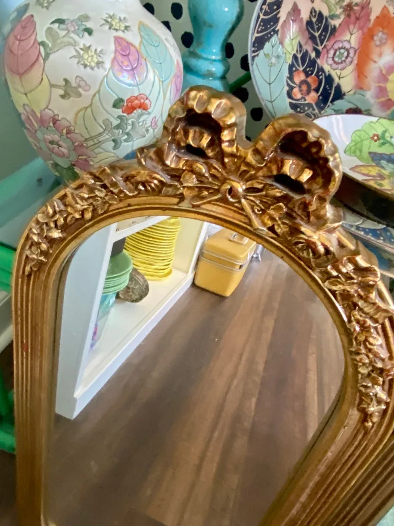 Hanning Bow Wall Mirror Arched Shape Oblong Wooden Floral and Bow Frame