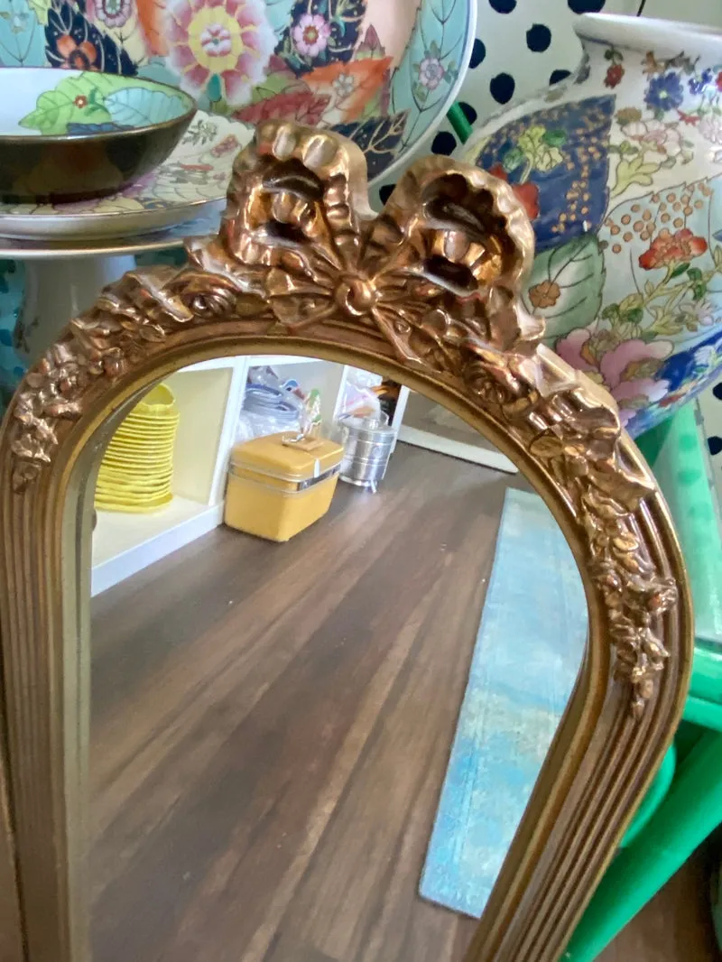Hanning Bow Wall Mirror Arched Shape Oblong Wooden Floral and Bow Frame