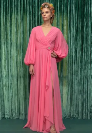 Long Blouson Sleeve Chiffon Gown