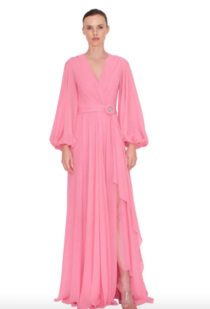 Long Blouson Sleeve Chiffon Gown