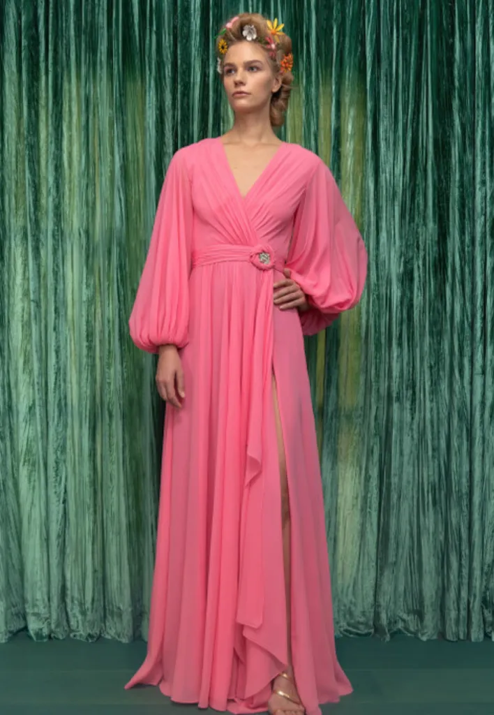 Long Blouson Sleeve Chiffon Gown