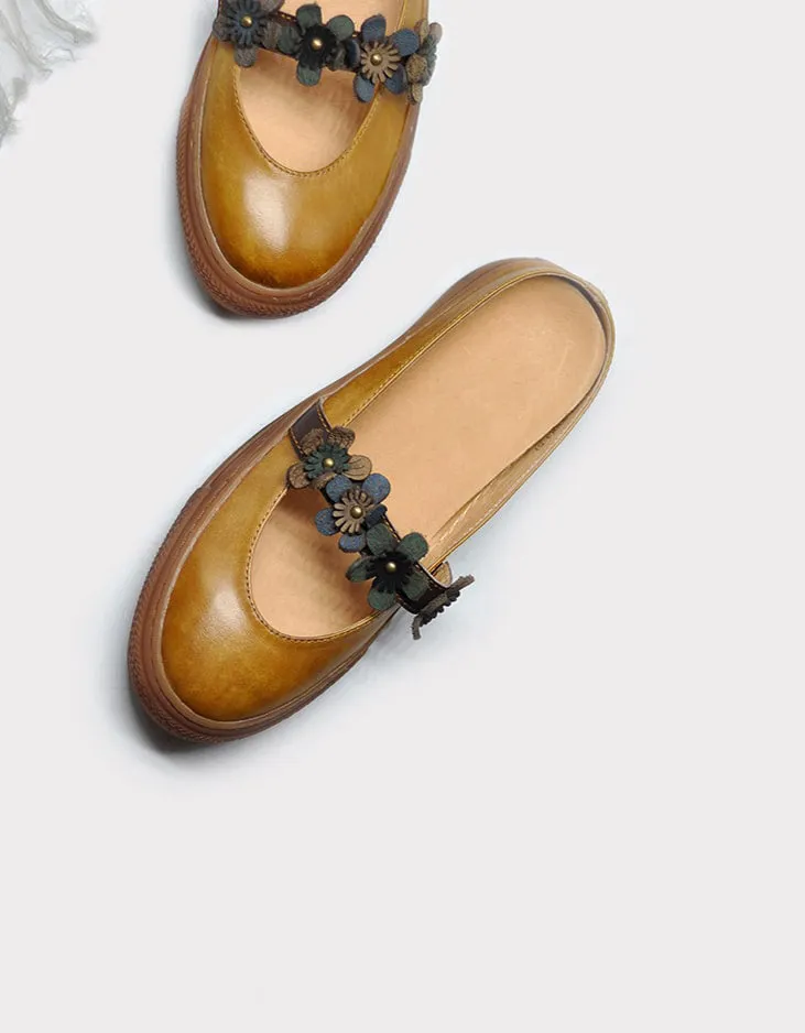 Summer Retro Leather Flower Green Slippers