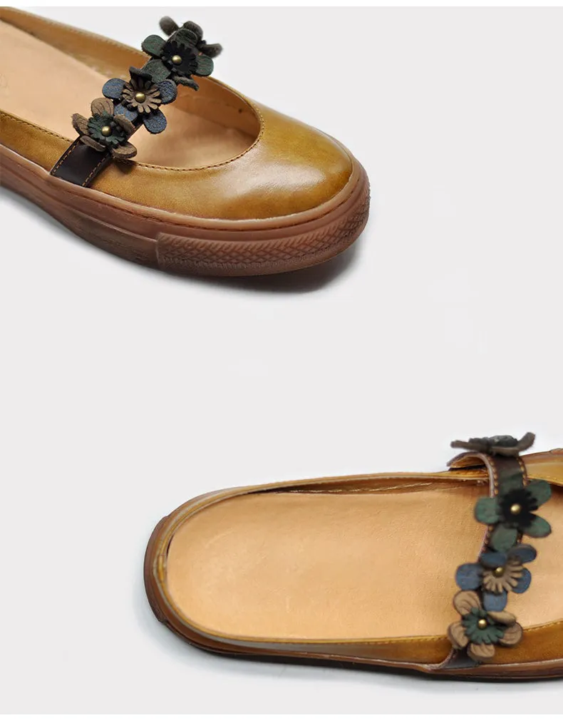 Summer Retro Leather Flower Green Slippers