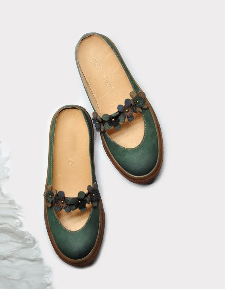 Summer Retro Leather Flower Green Slippers