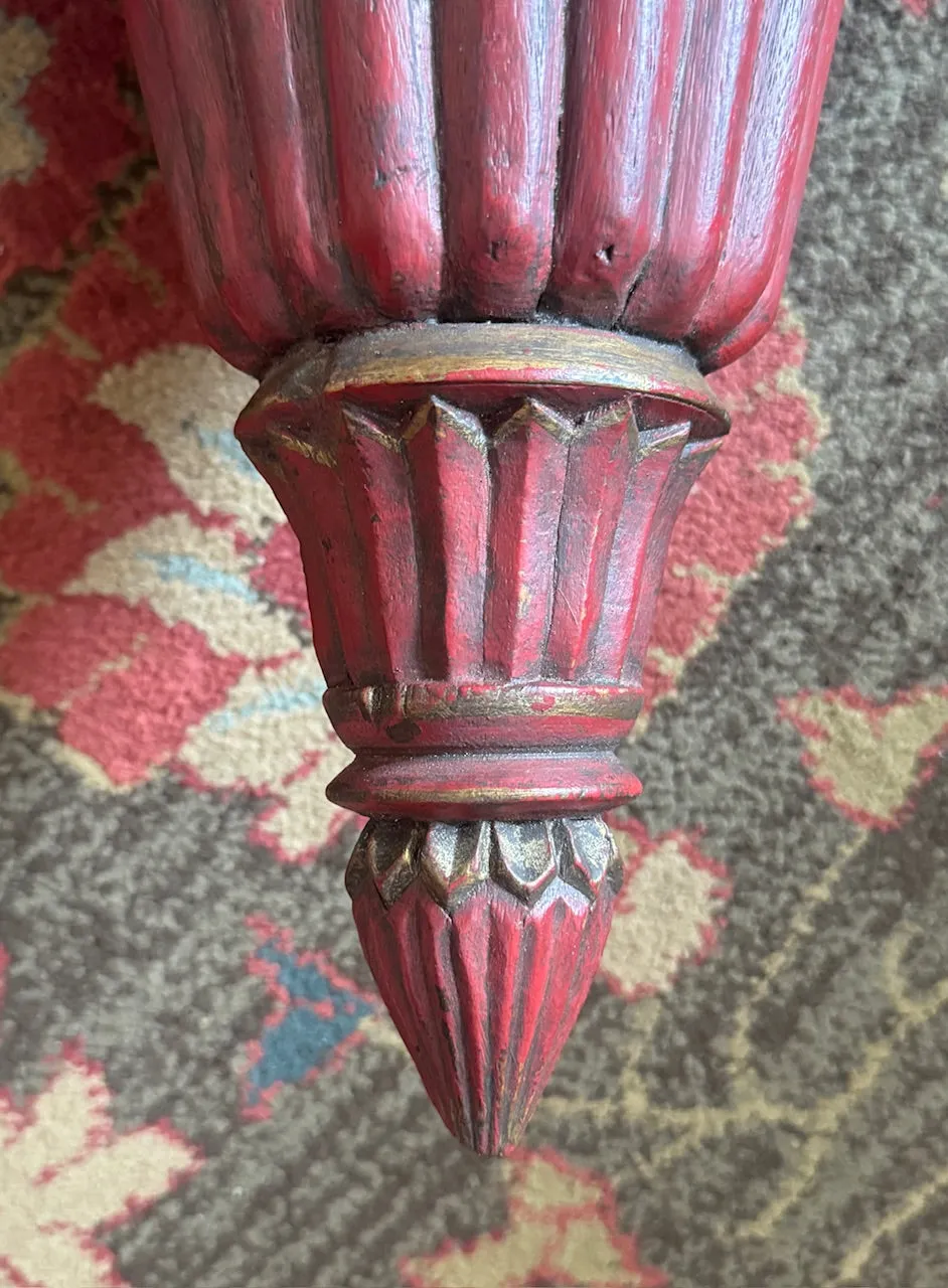 Vintage Red French Fluted Wooden Tole Wall Pocket Flower Holder Wall Vase