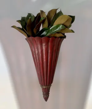 Vintage Red French Fluted Wooden Tole Wall Pocket Flower Holder Wall Vase