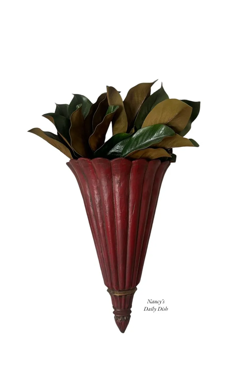 Vintage Red French Fluted Wooden Tole Wall Pocket Flower Holder Wall Vase