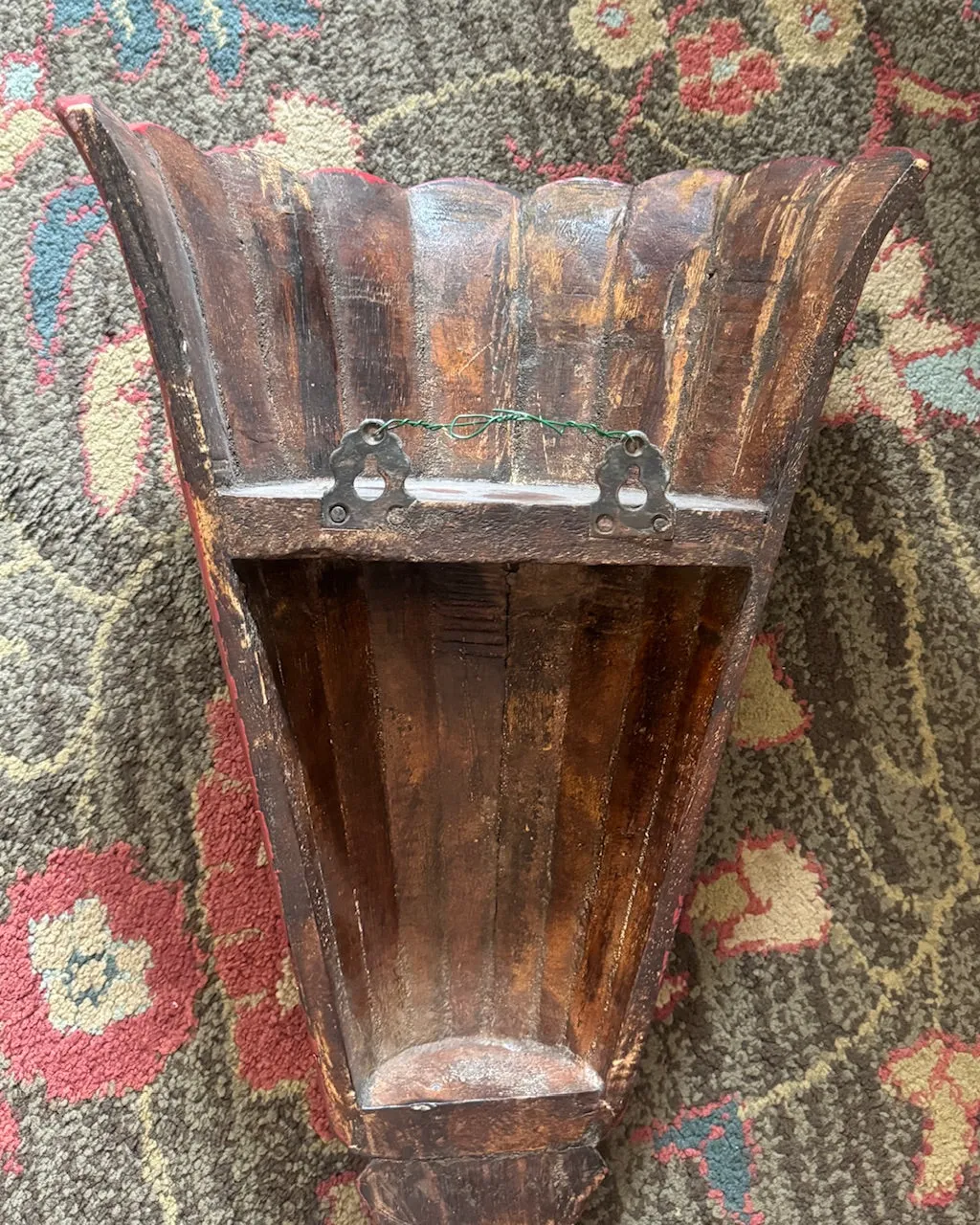 Vintage Red French Fluted Wooden Tole Wall Pocket Flower Holder Wall Vase