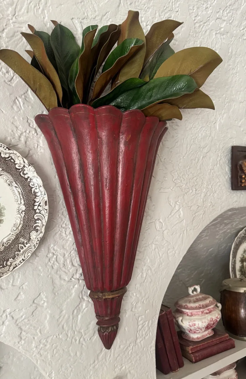 Vintage Red French Fluted Wooden Tole Wall Pocket Flower Holder Wall Vase