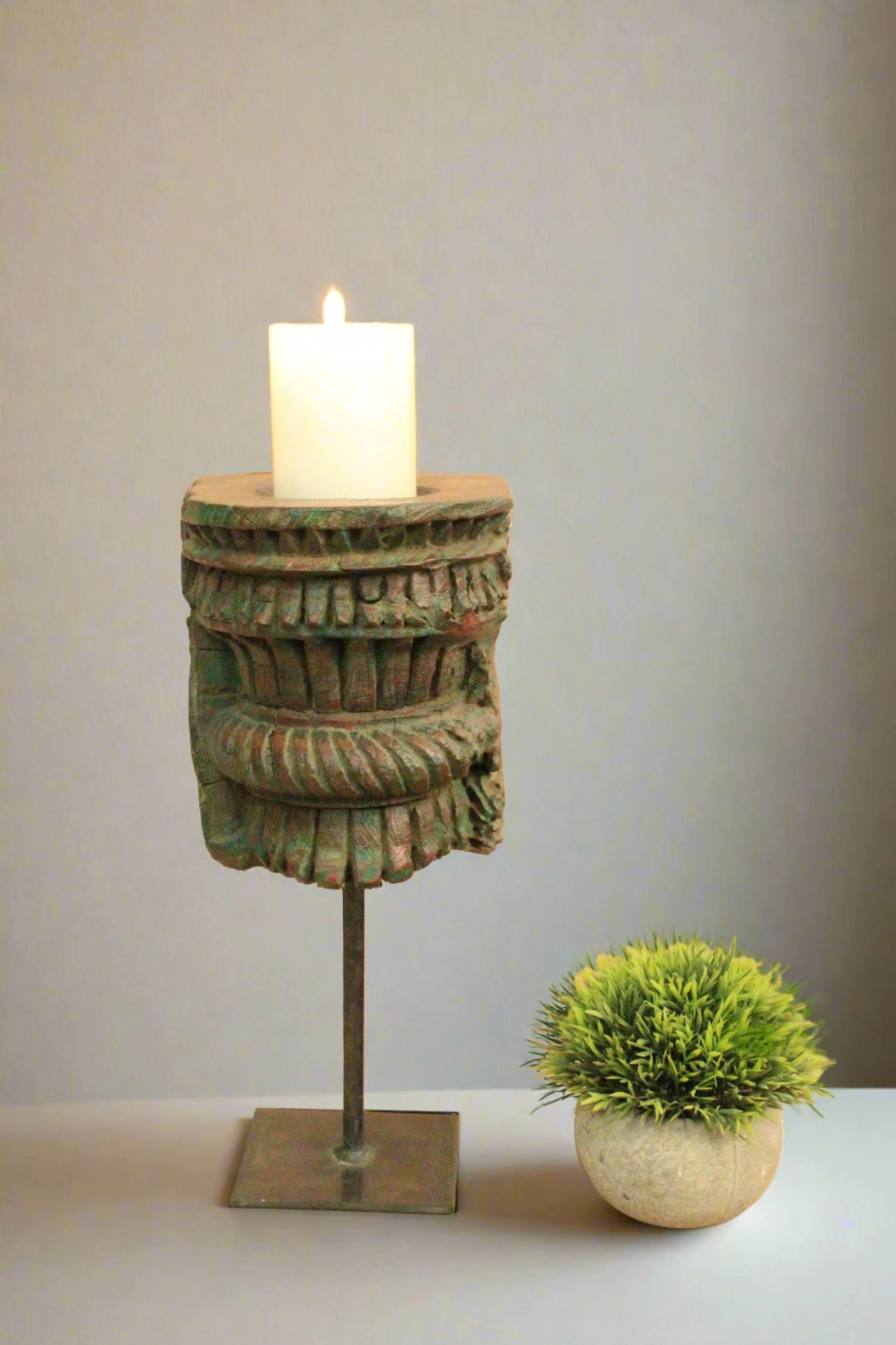 Vintage Wooden Hand Carved Candle Holder Stand