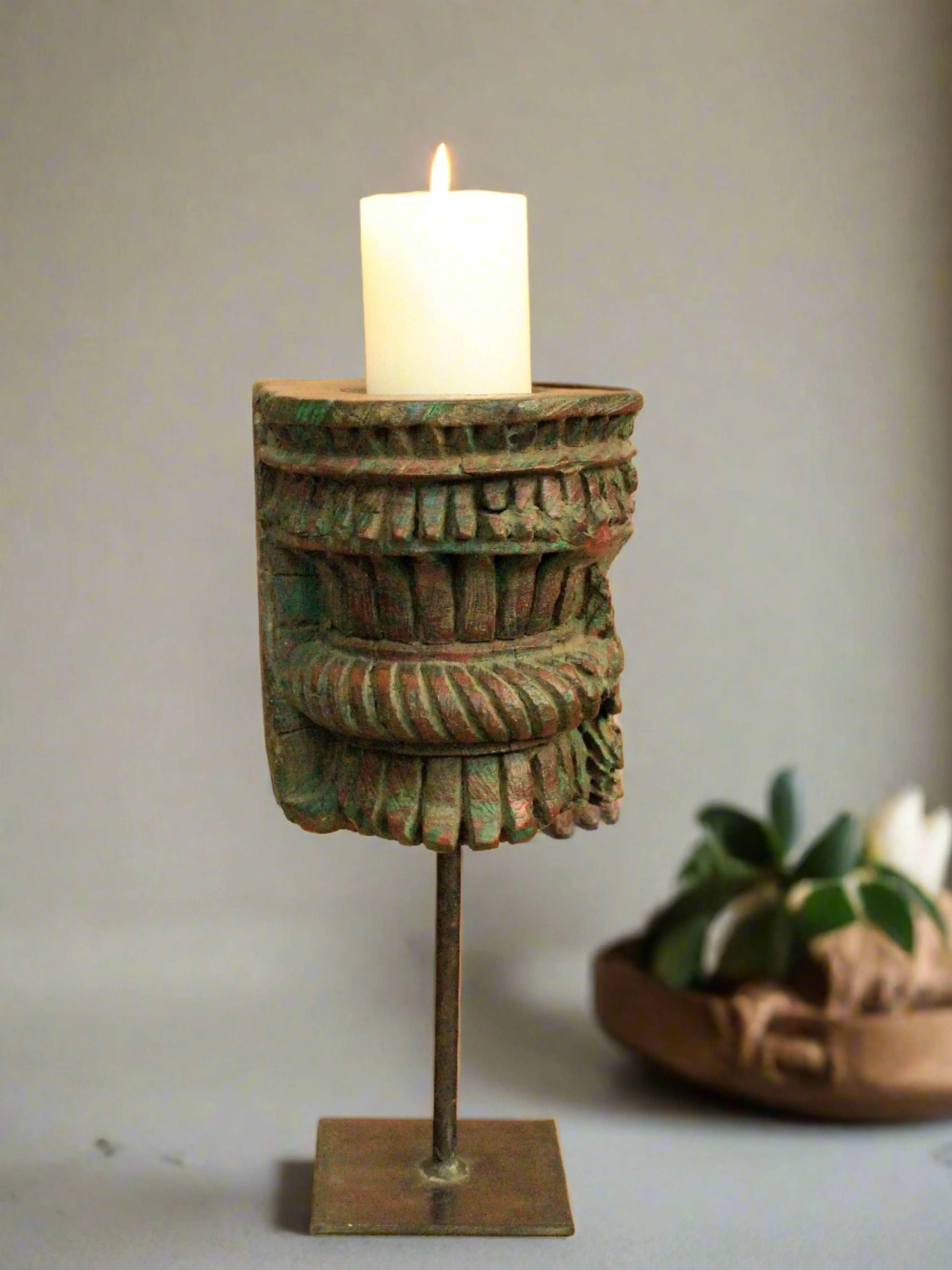 Vintage Wooden Hand Carved Candle Holder Stand