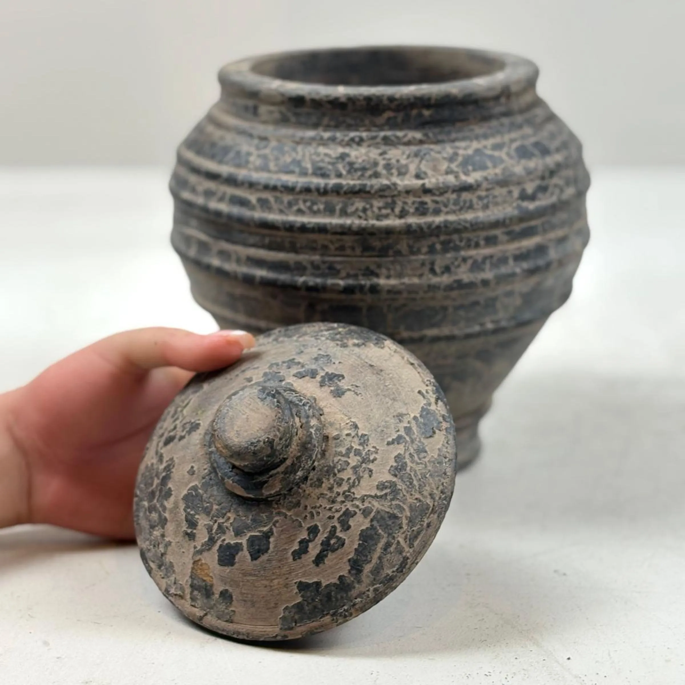Vintage Wooden Lidded Pot from Nepal