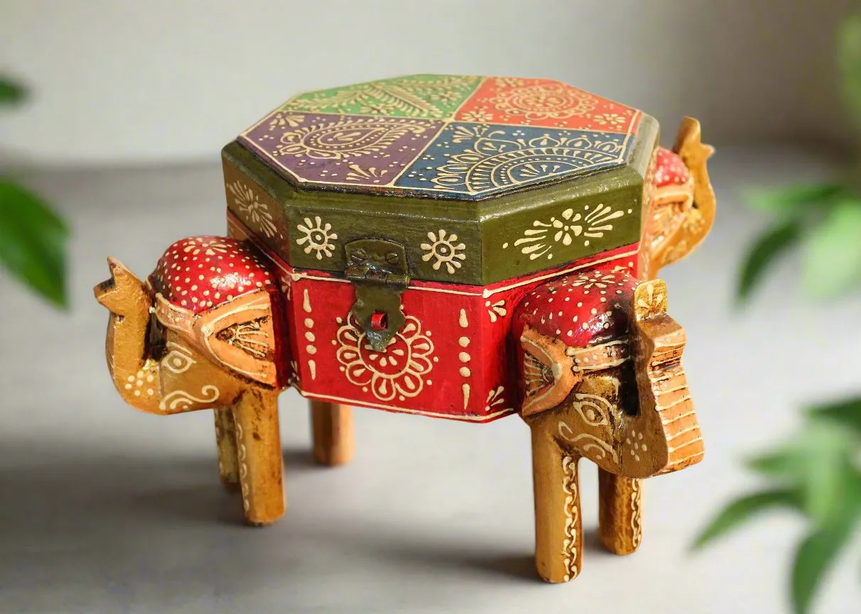 Wooden Octagon Box With Elephant Legs