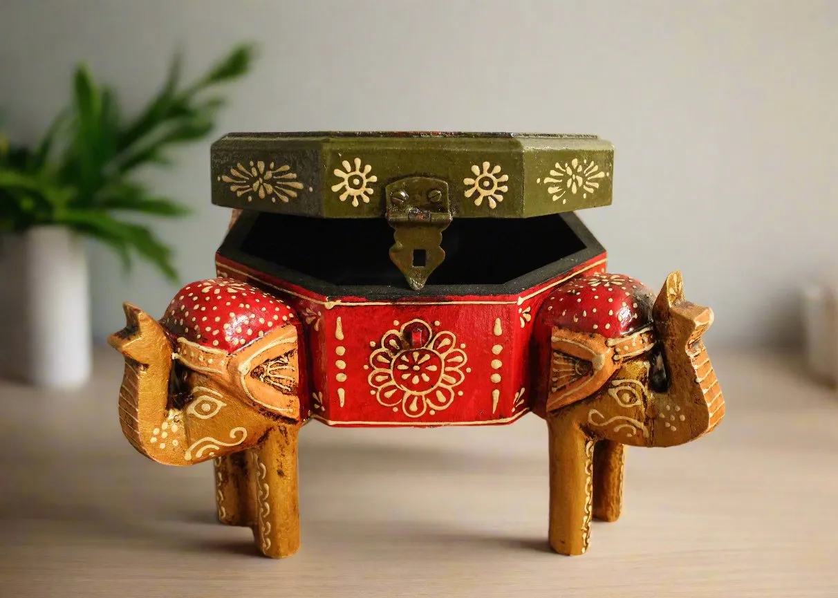 Wooden Octagon Box With Elephant Legs